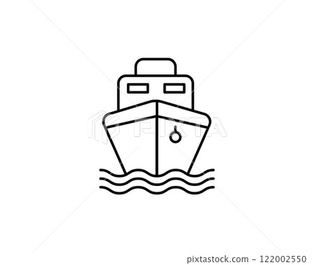 Simple line art illustration of a ship sailing on water.  Perfect for websites, apps, or presentations needing a clean, modern nautical icon. 122002550