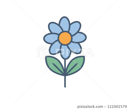 Charming flatstyle illustration of a blue flower with green leaves. Perfect for websites, apps, childrens books, or any project needing a touch of nature. Charming flatstyle illustration of a blue flower with green leaves. Perfect for websites, apps, childrens books, or any project needing a touch of nature. 122002579