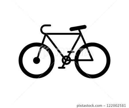 Simple black bicycle icon, perfect for websites, apps, or infographics needing a clean, minimalist design.  Versatile and easily adaptable to various styles. 122002581