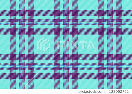 Kilt textile background seamless, t-shirt fabric texture pattern. Diagonal check vector tartan plaid in teal and purple colors. Kilt textile background seamless, t-shirt fabric texture pattern. Diagonal check vector tartan plaid in teal and purple colors. 122002731