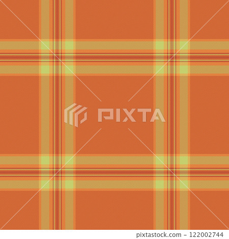 Gingham plaid fabric seamless, idea check tartan texture. Border pattern textile vector background in orange and lime colors. 122002744