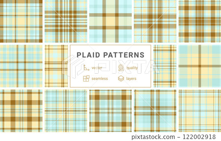 Rustic plaid textile patterns featuring checkered designs, perfect for fabric materials, shirts, or wallpaper with a Scottish flair. Rustic plaid textile patterns featuring checkered designs, perfect for fabric materials, shirts, or wallpaper with a Scottish flair. 122002918