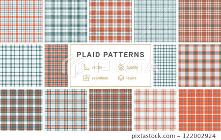 Twelve seamless vector plaid patterns in teal, orange, and white. Perfect for textile design, apparel, web backgrounds, and more. Highquality layered files for easy customization. Twelve seamless vector plaid patterns in teal, orange, and white. Perfect for textile design, apparel, web backgrounds, and more. Highquality layered files for easy customization. 122002924