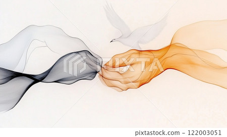 Abstract art with intertwined hands and soaring bird in ethereal background. Peace concept 122003051