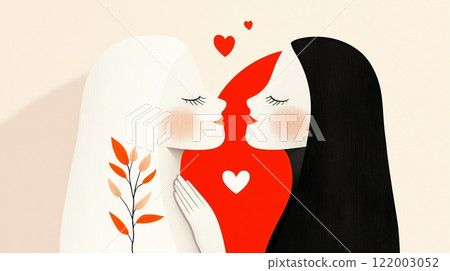 Abstract romantic artwork of two figures embracing with hearts and leaves. Galentines day card. International Thank You Day. 122003052
