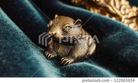 Bronze marmot figurine with jewel eyes on velvet fabric. Happy Groundhog Day. 122003054