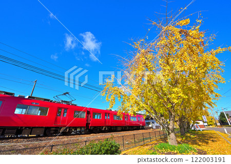 [愛知縣] 秋天的稻澤市總武江町，泛黃的銀杏葉和名鐵列車 122003191