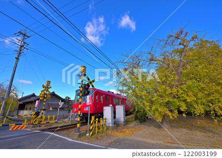 [Aichi Prefecture] Yellow leaves of ginkgo trees and Meitetsu train in Sobue-cho, Inazawa City in autumn 122003199