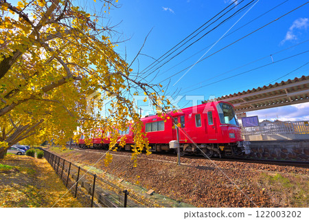 [Aichi Prefecture] Yellow leaves of ginkgo trees and Meitetsu train in Sobue-cho, Inazawa City in autumn 122003202