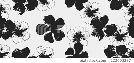 Abstract organic flower shapes seamless pattern, Modern print black and white floral hand drawn minimal design for wall art, fabric, card, cover and decoration vector illustration 122003287