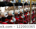 Vibrant and Colorful Textile Spools Displayed in a Diverse Weaving Mill Environment 122003365