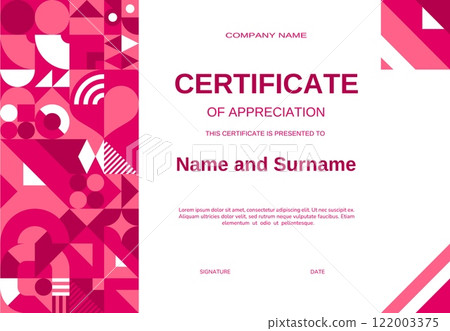 Certificate template with valentines day geometric shapes. Vector certificate of appreciation with abstract pink and red patterns. Diploma for corporate, educational, or special recognition events 122003375