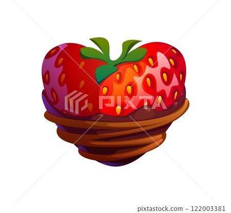 Cartoon red strawberry dipped in chocolate combining sweetness and indulgence. Isolated vector heart berry, symbol of love, romance and Valentine day. Sweet treats for special moments and celebrations 122003381