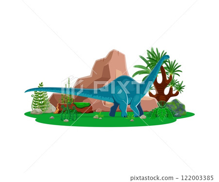 Cartoon dinosaur Brontosaurus or prehistoric lizard in Jurassic park forest, vector dino character. Prehistoric funny dinosaur lizard of Brontosaurus species for kids dino atlas or paleontology museum Cartoon dinosaur Brontosaurus or prehistoric lizard in Jurassic park forest, vector dino character. Prehistoric funny dinosaur lizard of Brontosaurus species for kids dino atlas or paleontology museum 122003385