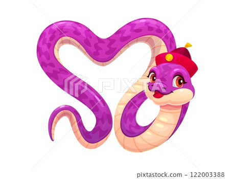 Cute purple snake character with valentines day love heart shape. Cartoon funny reptile wearing red traditional, festive Chinese hat with a cheerful expression, symbolizes cultural celebration and joy Cute purple snake character with valentines day love heart shape. Cartoon funny reptile wearing red traditional, festive Chinese hat with a cheerful expression, symbolizes cultural celebration and joy 122003388