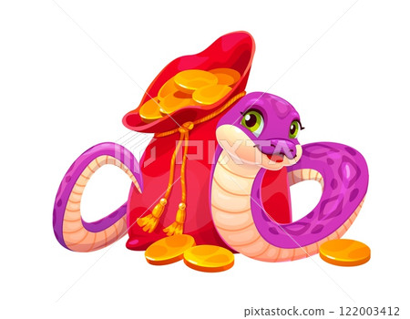 Funny Asian snake character with money bag and golden coins celebrates 2025 Chinese Lunar New Year holiday. Cartoon vector pink cute reptile personage with red pouch full of gold, symbolizing wealth 122003412