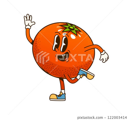 Groovy orange fruit retro cartoon character with happy face, vector comic emoji. Groovy orange fruit with silly smile dancing or running, freaky funky fruit food character and retro cartoon personage Groovy orange fruit retro cartoon character with happy face, vector comic emoji. Groovy orange fruit with silly smile dancing or running, freaky funky fruit food character and retro cartoon personage 122003414