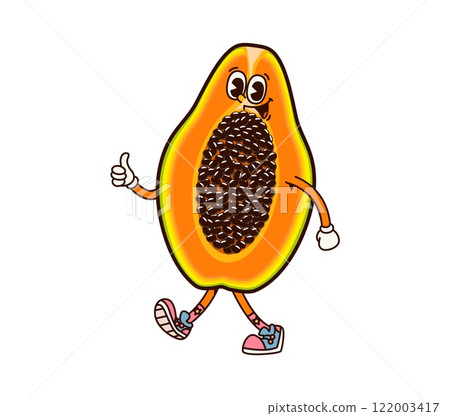 Groovy papaya retro cartoon character or happy fruit with thumb up, vector emoji. Groovy papaya half with comic silly face and thumb up gesture, funny fruit food character and retro cartoon personage 122003417