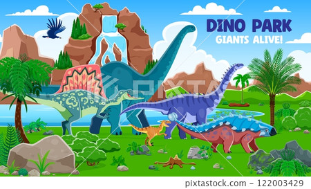 Dino park landscape with prehistoric dinosaurs. Vector Jurassic era adventure park with dinosaur species amidst lush green landscape with waterfall cascading down a cliff. World of ancient reptiles 122003429