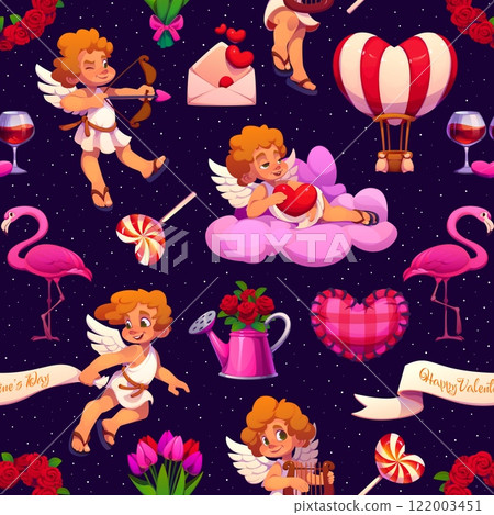 Cartoon valentine day holiday seamless pattern featuring charming cherubic cupids, hearts, flamingos, flowers, love letters, balloons and sweet treats against a dark starry background, radiates love Cartoon valentine day holiday seamless pattern featuring charming cherubic cupids, hearts, flamingos, flowers, love letters, balloons and sweet treats against a dark starry background, radiates love 122003451