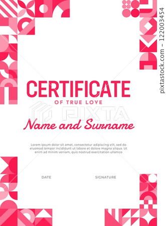 Certificate template with valentine day geometric shapes. Vector retro modern minimalistic romantic layout with abstract pattern framing the corners in shades of pink and red, certificate of true love Certificate template with valentine day geometric shapes. Vector retro modern minimalistic romantic layout with abstract pattern framing the corners in shades of pink and red, certificate of true love 122003454