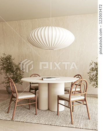 A Modern Minimalist Dining Room Featuring Stylish Lighting That Enhances the Ambiance 122003472