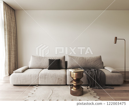 A modern living room designed with an elegant sofa accompanied by stylish and thoughtful decor 122003475