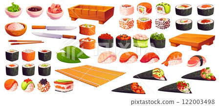Cartoon Japanese sushi, utensils and rolls for Japanese cuisine food, vector icons. Sushi types and preparation cutlery for sashimi, nigiri maki or hosomaki rolls with seafood, chopsticks and knife Cartoon Japanese sushi, utensils and rolls for Japanese cuisine food, vector icons. Sushi types and preparation cutlery for sashimi, nigiri maki or hosomaki rolls with seafood, chopsticks and knife 122003498