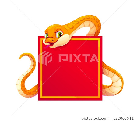Funny yellow snake character with square banner. Cheerful cartoon reptile, traditional festive Chinese Lunar New Year horoscope animal with blank red and golden scroll for cultural 2025 celebrations Funny yellow snake character with square banner. Cheerful cartoon reptile, traditional festive Chinese Lunar New Year horoscope animal with blank red and golden scroll for cultural 2025 celebrations 122003511