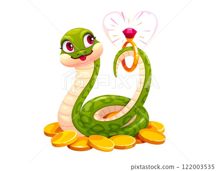 Cute green snake character with marriage wedding ring emitting pink love heart glow. Adorable cartoon vector reptile holding diamond engagement ring with its tail, surrounded by a pile of golden coins Cute green snake character with marriage wedding ring emitting pink love heart glow. Adorable cartoon vector reptile holding diamond engagement ring with its tail, surrounded by a pile of golden coins 122003535
