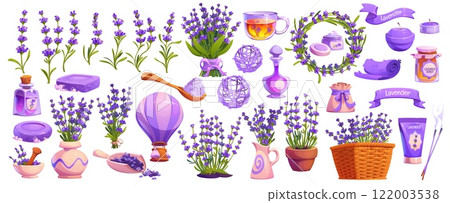 Lavender flowers, cosmetics and oil, vector spa products set. Cartoon purple flowers and green leaves of lavender plant, provence herb soap, cream, tea and bath salt, aromatherapy candles and sachet Lavender flowers, cosmetics and oil, vector spa products set. Cartoon purple flowers and green leaves of lavender plant, provence herb soap, cream, tea and bath salt, aromatherapy candles and sachet 122003538