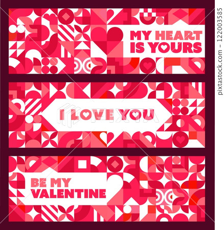 Valentines day banners with geometric shapes and abstract patterns in vibrant shades of pink and red, with romantic messages like my heart is yours, i love you, and be my valentine. Festive cards set 122003585
