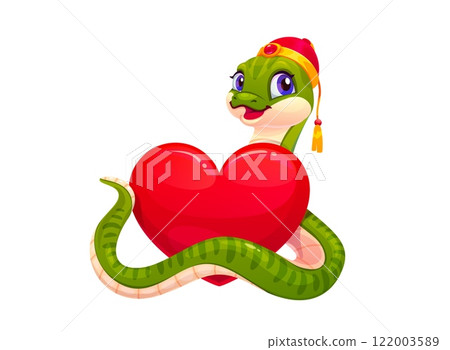 Cute green snake character with valentine day big heart. Cartoon vector reptile wearing traditional festive Chinese hat, wrapped around red glossy heart, conveys love and romantic cultural elegance 122003589