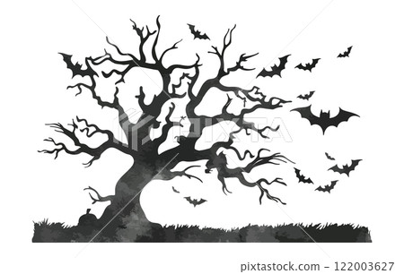 Halloween spooky tree and bats silhouette watercolor isolated on white background. Halloween scene background vector illustration 122003627