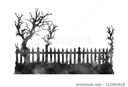 Halloween fence and spooky trees watercolor silhouette isolated on white background. Halloween scene vector illustration 122003628