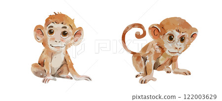 Cute baby monkey watercolor isolated on white background. Nursery monkey cartoon hand drawn character vector illustration 122003629