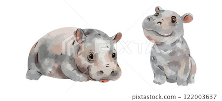 Cute baby hippopotamus watercolor isolated on white background. Nursery hippo cartoon hand drawn character vector illustration 122003637
