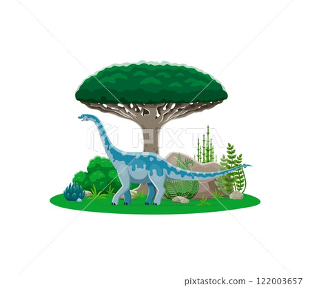 Cartoon Euhelopus dinosaur childish character. Prehistoric reptile, paleontology animal or extinct dinosaur cute cartoon vector character. Jurassic era Euhelopus lizard isolated funny personage 122003657