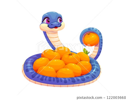 Funny snake character with tangerine and mandarin fruits. Cute cartoon blue reptile curled beside a pile of citrus fruits, holding one in its tail, symbolize prosperity for 2025 Chinese Lunar New Year 122003668