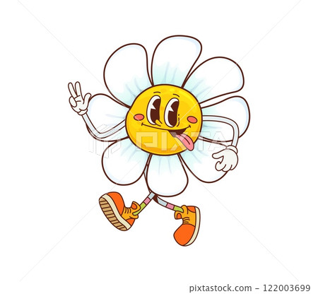 Groovy daisy or chamomile flower character with tongue out, vector retro cartoon. Happy groovy daisy or chamomile flower with hippie peace sign and silly face smile for psychedelic cartoon character 122003699