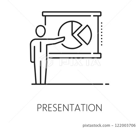 Data analytics and presentation analysis line icon. Company strategy statistic analysis, finance report infographics or business research data presentation line vector symbol 122003706