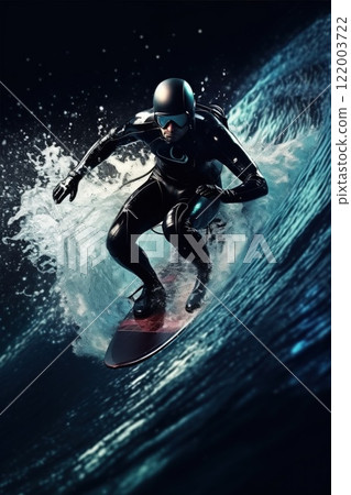 Professional surfer riding a wave wearing wetsuit, showcasing skill and energy. Extreme water sports. Concept of freedom and enjoyment 122003722