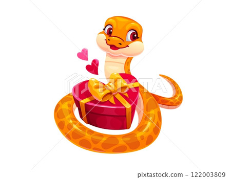 Cute yellow snake character with valentines day heart shaped gift box. Vector Asian reptile, serpent animal personage exudes love, ready for festive occasion, with wrapped red present with golden bow 122003809