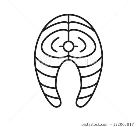 Salmon fish meat steak cut thin line icon. Seafood product thin line symbol, salmon or tuna fresh meat or ocean fish raw fillet, sushi or sashimi ingredient outline vector pictogram or sign 122003817