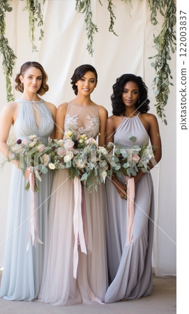 A group of bridesmaids in beautiful gowns are smiling and posing together at a formal event. Guests at a traditional wedding ceremony 122003837