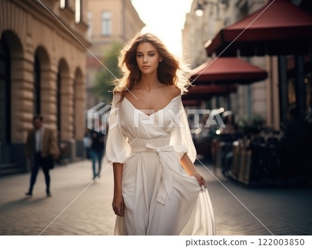 An Elegant Woman in a Beautiful and Romantic Dress Strolling Gracefully in an Urban Setting. Wedding photo shoot or model shows off her gown 122003850