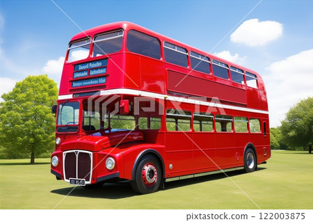 A red doubledecker bus on the street, representing urban transportation. Tourist vehicle, symbol of the city. Type of transport for excursion 122003875