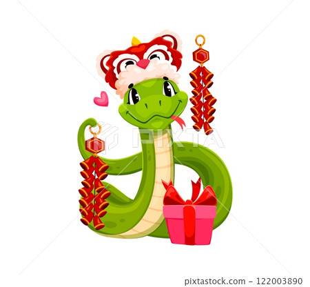Funny cartoon snake character wearing traditional lion dance hat with love heart, petards and gift box celebrating valentine day or Chinese new year. Vector cute green reptile personage symbol of 2025 122003890