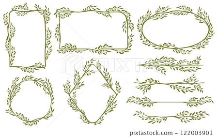 Green olive frames and borders with leaves, tree branches and fruits. Vector circle, square, rectangle and oval frames, border lines and dividers set with green olives and leaves floral ornament 122003901