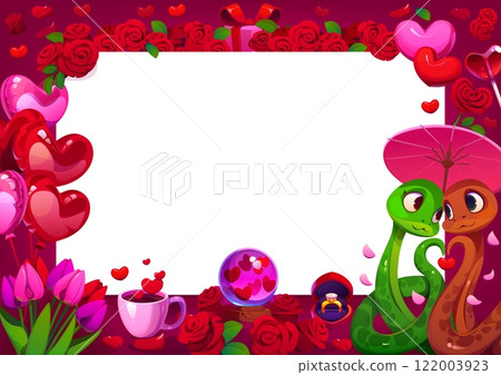 Valentines day greeting card, romantic festive frame with two snakes under a pink umbrella, red roses, heart balloons, tulips, coffee cup, love globe and ring box. Template for notes or invitation Valentines day greeting card, romantic festive frame with two snakes under a pink umbrella, red roses, heart balloons, tulips, coffee cup, love globe and ring box. Template for notes or invitation 122003923